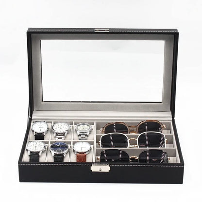 Leather Watch Glasses Box -Watch And Glass Display Case Holder Storage Organizer Jewelry Display- 6 Slots For Watches And 3 Slots For Glasses