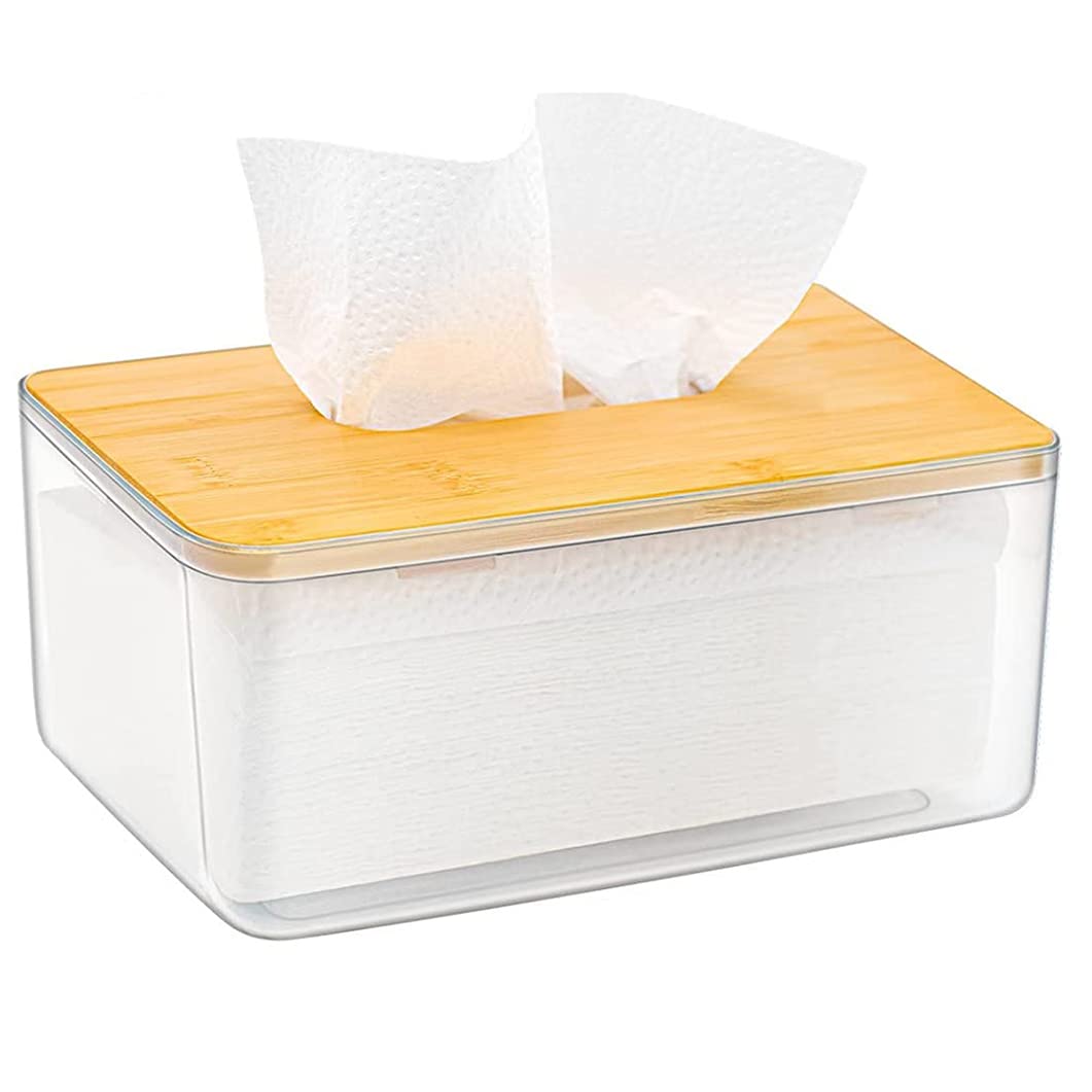 ANTOLE Tissue Box Cover Holder, Clear Acrylic Rectangular Tissues Dispenser Box Dryer Sheet Wet Toilet Paper Tray with Bamboo Wood Lid,Tissue Organizer for Bathroom,Living Room,Bathroom (Clear)