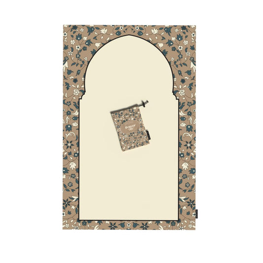 Portable Prayer Mat in Beige, a waterproof, lightweight, and foldable travel-friendly rug, compact pocket-sized design ideal for outdoor and indoor use, durable and comfortable material