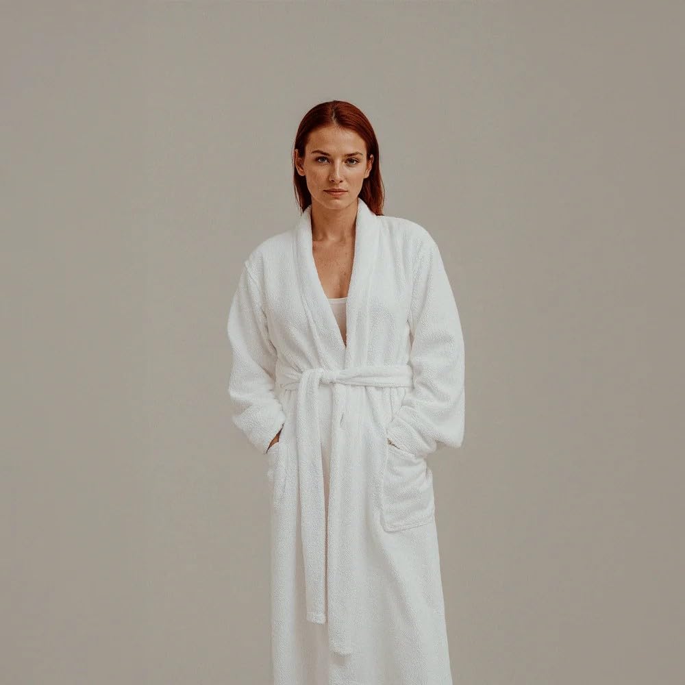 Hotel Collection Bathrobe in White, made from 100% Soft and Absorbent Cotton, a Unisex Robe for Men and Women, One Size Fits All, 1350g, perfect for Home, Spa, and Bathroom Luxury Use