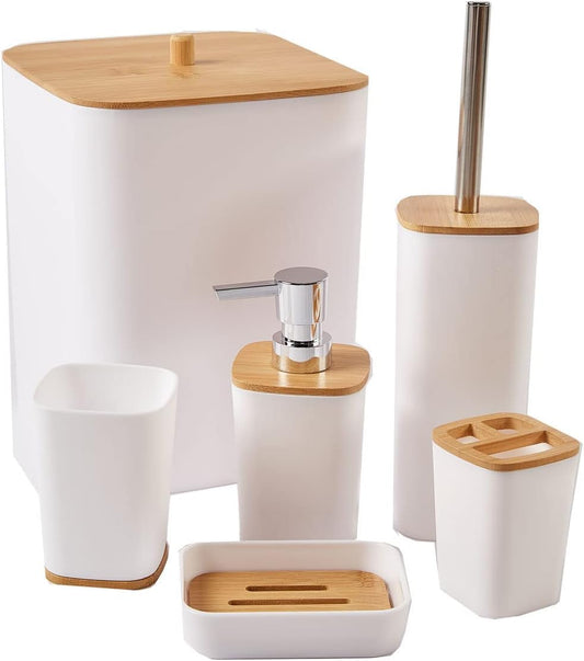 6-Piece Bamboo Bathroom Accessories Set – Bathroom Set with Trash Can, Toothbrush Holder, Soap Dish, Soap Dispenser & Cup – Stylish & Durable for Home Décor