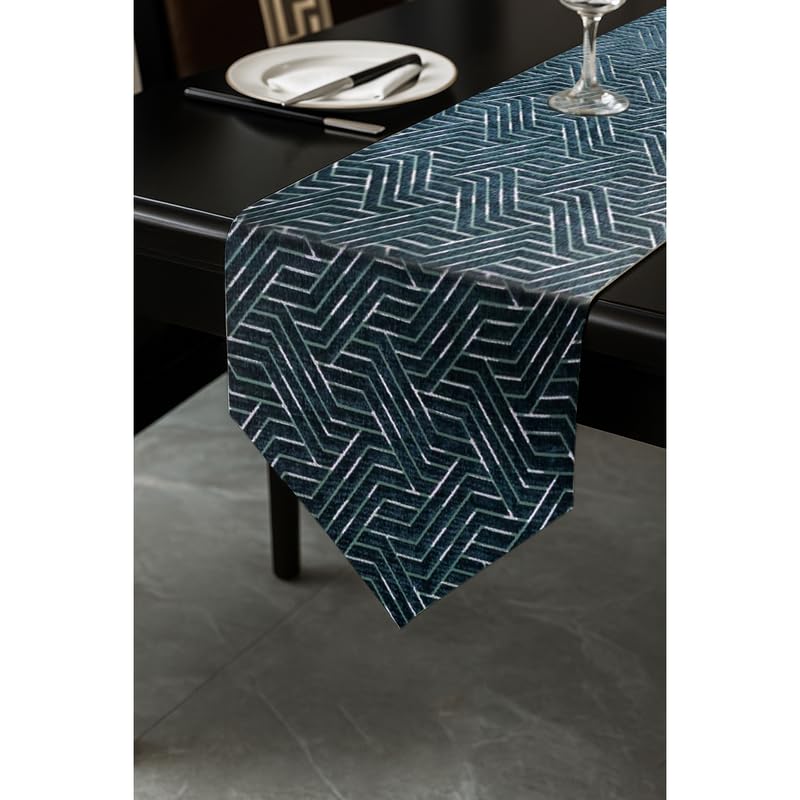 INtex Home Table Runner with V-Shaped End, Nadia’s Geometric Design in Heavy Duty Velvet Linen Fabric, Reception Living Room or Special Occasions, 1 Pc - 45 x 160 cm - Café