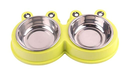 SHIZPHH Double Dog Cat Bowls Double Premium Stainless Steel Pet Bowls with Cute Modeling Pet Food Water Feeder Food Bowls (Color : Green)