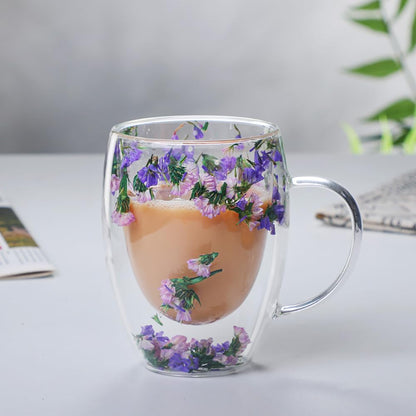 Dried Flower Double Wall Glass Cup, Aesthetic Flowers Coffee Mugs, Cute Insulated Tea Cups with Handle Heat Resistant for Women, Ideal Gifts for Birthday Mother's Day - Perfect for Wife Mom Friend (C)