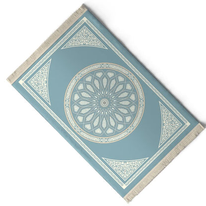Velvet Prayer Mat in a calming Blue, 68x117 cm, a luxurious Islamic rug featuring an elegant dome design, made from soft material for a comfortable and deeply focused prayer time