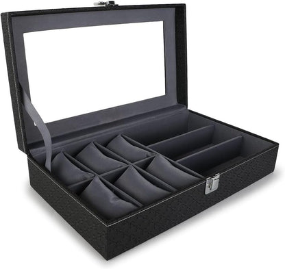 Watch Box and Sunglass Case Organizer, 6 Watch Slots, 3 Sunglass Compartments, Elegant Black and Gray Design, Premium Leather Look, Perfect Gift for Men and Women