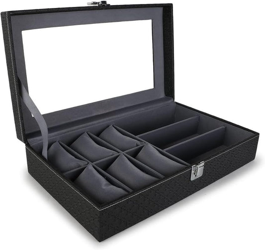 Watch Box and Sunglass Case Organizer, 6 Watch Slots, 3 Sunglass Compartments, Elegant Black and Gray Design, Premium Leather Look, Perfect Gift for Men and Women