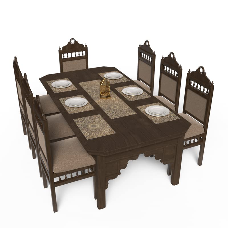 Diwan 7-Piece Dining Linens Set, with 6 multicolor canvas placemats (45x30 cm) and 1 runner (35x140 cm), with a traditional Islamic pattern to create an elegant and festive table