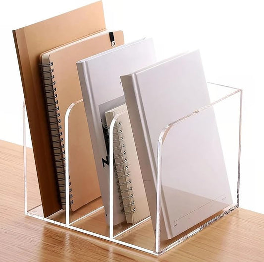 Clear Acrylic Magazine File Holder, 3-Section Vertical Desk Organizer for Office and Home Storage, Transparent Stand for Files, Folders, and Mail, Sturdy and Modern Desktop Accessory