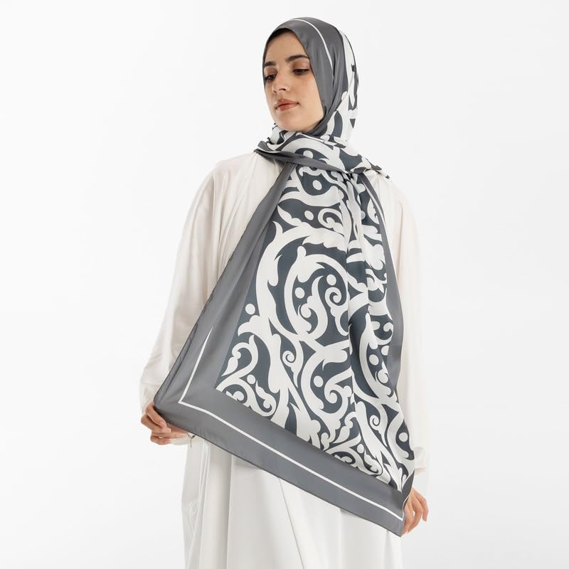 Isdal Al-Hedaya Women's Prayer Dress, a One-Piece Garment in Grey & White made of Soft Satin for Full Modest Coverage, One Size Fits All, a Chic and Comfortable Abaya for Muslim Women