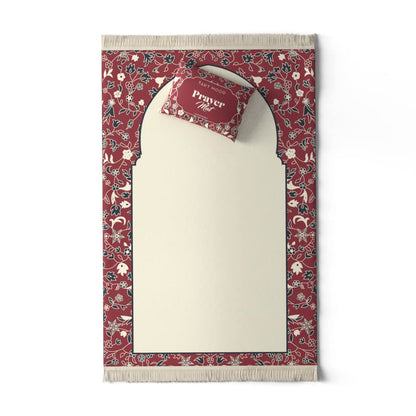 Velvet Prayer Mat in Beige and Red, 68x117 cm, a luxurious Islamic rug with elegant details and a mosque garden design, crafted from soft velvet for comfortable prayers
