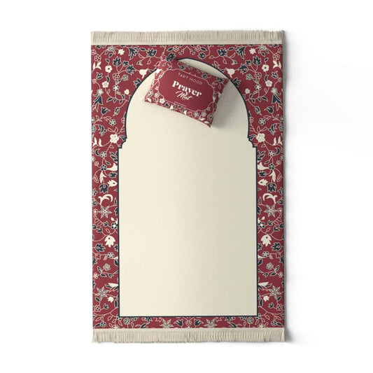 Velvet Prayer Mat in Beige and Red, 68x117 cm, a luxurious Islamic rug with elegant details and a mosque garden design, crafted from soft velvet for comfortable prayers