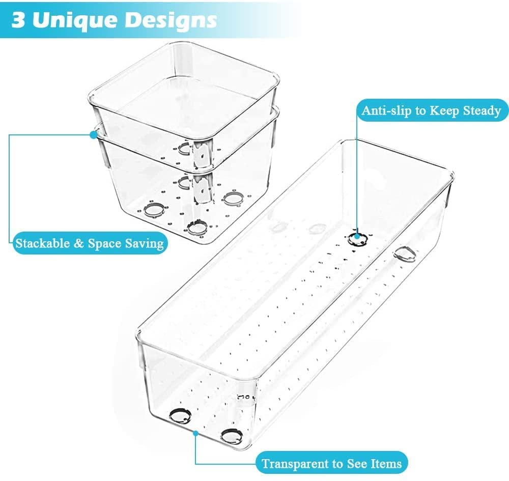 Zeinwap Desk Drawer Organizers Trays Set Clear Plastic Storage Bins Bathroom Drawer Tray Dividers Vanity Trays Organizer for Bedroom Dresser Makeup Kitchen Utensil Office (6 Pc Tray)