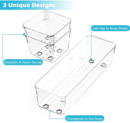 Zeinwap Desk Drawer Organizers Trays Set Clear Plastic Storage Bins Bathroom Drawer Tray Dividers Vanity Trays Organizer for Bedroom Dresser Makeup Kitchen Utensil Office (6 Pc Tray)