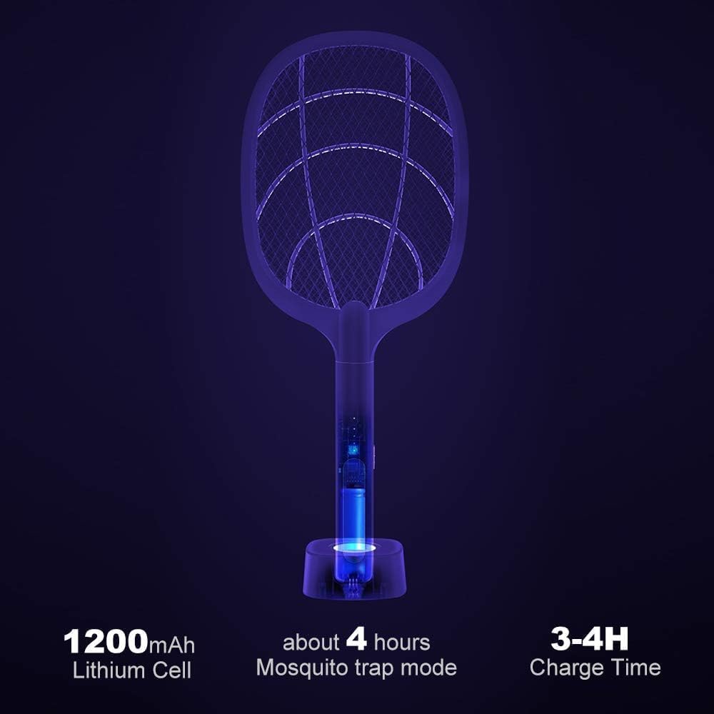 Electric Mosquito Swatter Bug Zapper Racket 2 In 1 Mosquito Lamp Rechargeable Fly Killer With Base Stand Three Layer Mesh 2W Power Indoor Outdoor