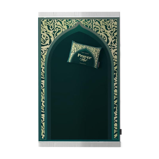 Velvet Prayer Mat in a serene Green color, 68x117 cm, a luxurious and soft rug designed for comfortable prayer, its traditional pattern is ideal for home, mosque, or travel use