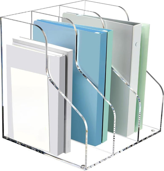 Acrylic Magazine Holder, 3-Slot Clear Desktop File Organizer Rack for Books, Folders, and Office Supplies, Space-Saving Bookshelf Sorter for Desk or Workspace, Transparent Stand, Clear
