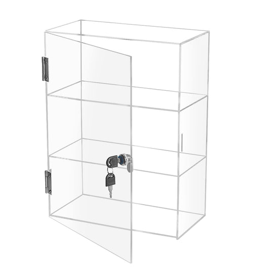 Clear Acrylic Display Cabinet with Lock and Door, 3 Fixed Shelves, 42 x 30 x 20 cm Glossy Countertop Organizer Box for Nail Polish Accessories Collectibles or Retail Display