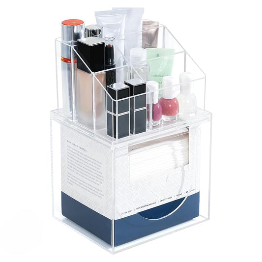 Clear Acrylic 2-in-1 Disposable Face Towel Holder, Wall Mount & Countertop Storage Box Compatible with Clean Skin Club XL, Hygienic Facial Tissue and Makeup Organizer for Bathroom.