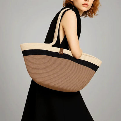 Cotton Rope Bag, 65×32 cm Woven Tote with Soft Handles, Eco-Friendly Textured Shoulder Bag for Beach Market Daily Use, Spacious Handcrafted Carryall for Women