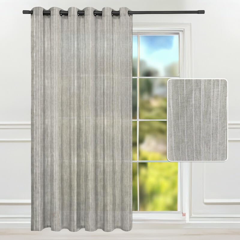 Intex CURTAINS HOUSE Natural Semi Sheer Linen Curtains for Living Room – Light Filtering Drapes with Steel Grommets and Random White Stripes, One Panel - Off-White - 200W x 230L CM
