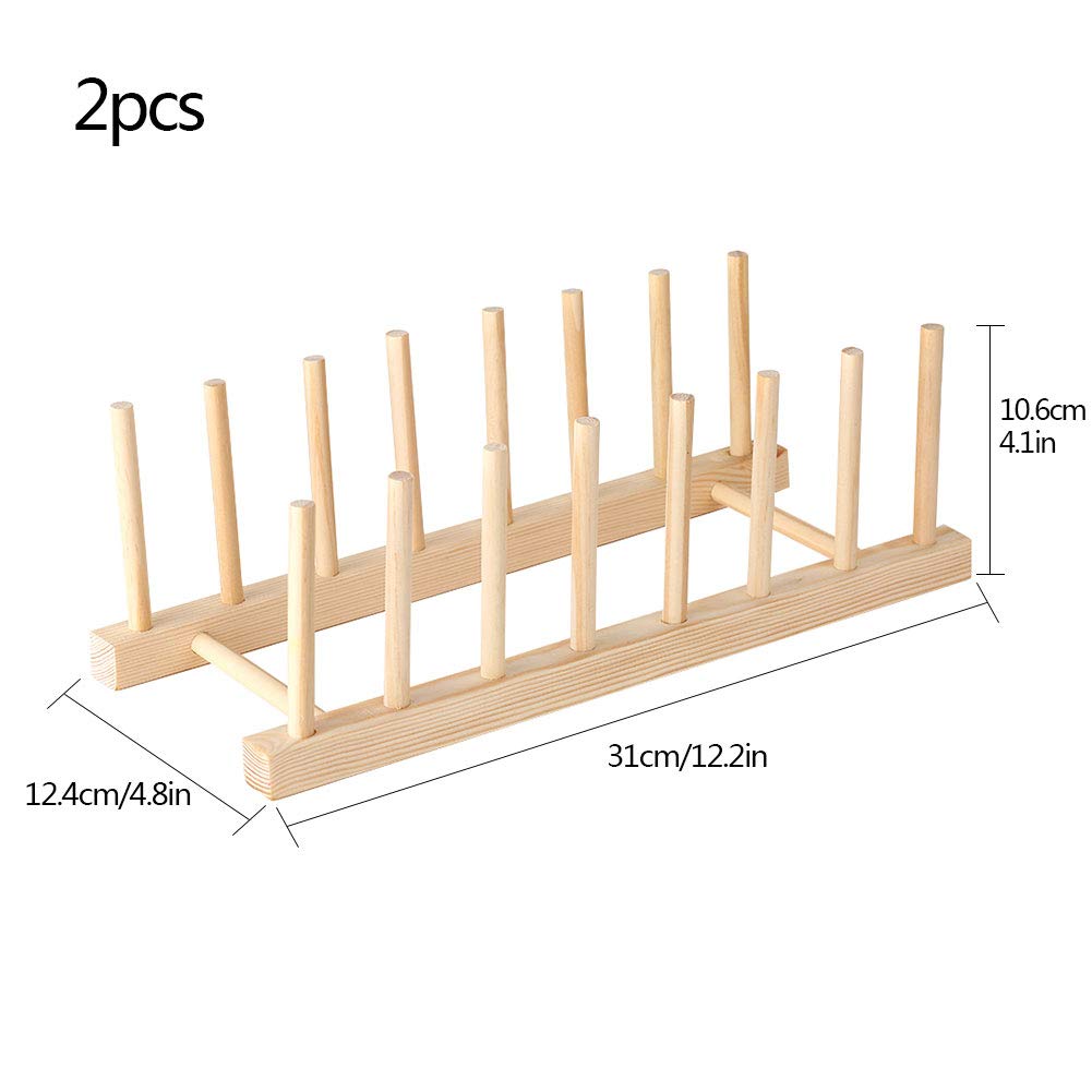 LEBKFT 2 Packs Plate Racks Stand Pot Lid Holder Bamboo Wooden Dish Racks Kitchen Cabinet Organizer Dish Drying Rack for Bowl, Cup, Cutting Board Holder Dish Drainer for Kitchen Counter Top