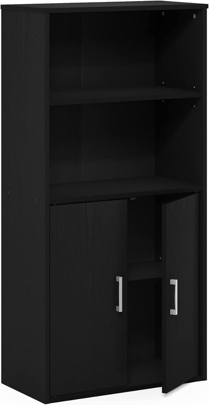 Storage Bookcase with 2 Doors in Black, Manufactured Wood Cabinet with 2 Open Shelves, Freestanding Organizer for Living Room or Office, Combination Display and Concealed Unit