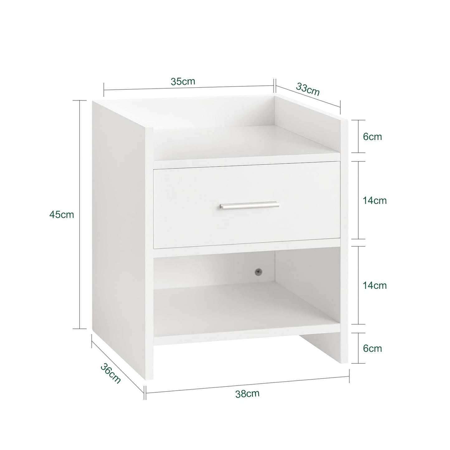 Bedside Table with 1 Drawer and 1 Niche in White, Compact Nightstand with Open and Closed Storage, Minimalist End Table for Bedroom, SmalLand FunctionaLSide Cabinet
