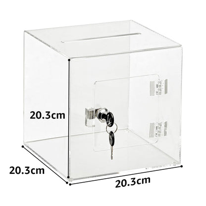 Clear Acrylic Donation and Suggestion Box with Lock and Rear Door, 20 x 20 cm, Slot for Voting, Charity Fundraising, Tips and Feedback Collection