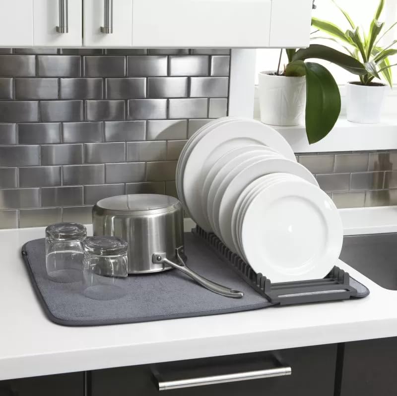 WIDEWINGS Dish Rack & Mat, Foldable, Space Saver, GREY, Plastic, Countertop Mount, Drying Dishes, Wine Glasses, Bowls, Dishes