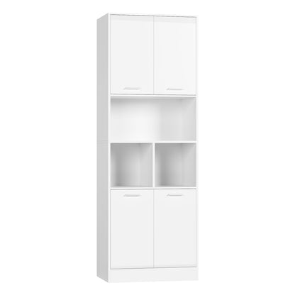 Bookcase with 4 Doors in White, 180.5cm Bookshelf with Living Room Storage, Free Standing Cupboard for Home Office, Large Capacity Cabinet (180.5x60x40cm)