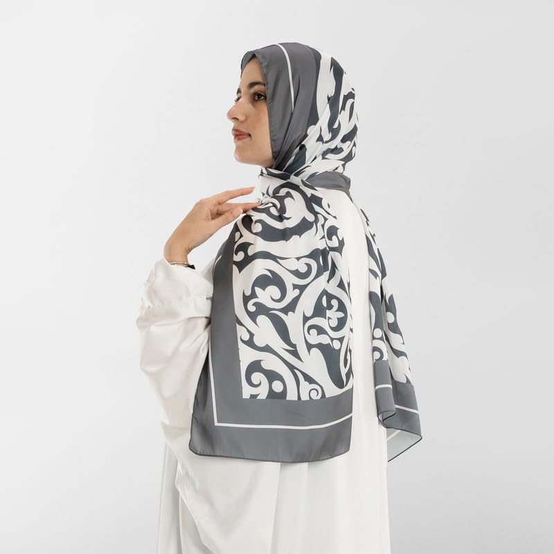 Isdal Al-Hedaya Women's Prayer Dress, a One-Piece Garment in Grey & White made of Soft Satin for Full Modest Coverage, One Size Fits All, a Chic and Comfortable Abaya for Muslim Women
