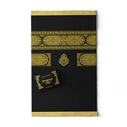 Velvet Prayer Mat in Gold and Black, 68x117 cm, a soft Islamic rug with a unique Mecca-inspired design, providing a comfortable and special surface for your daily prayers
