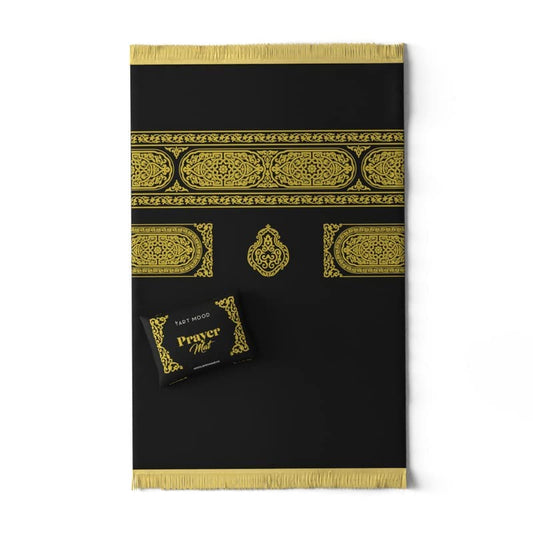 Velvet Prayer Mat in Gold and Black, 68x117 cm, a soft Islamic rug with a unique Mecca-inspired design, providing a comfortable and special surface for your daily prayers