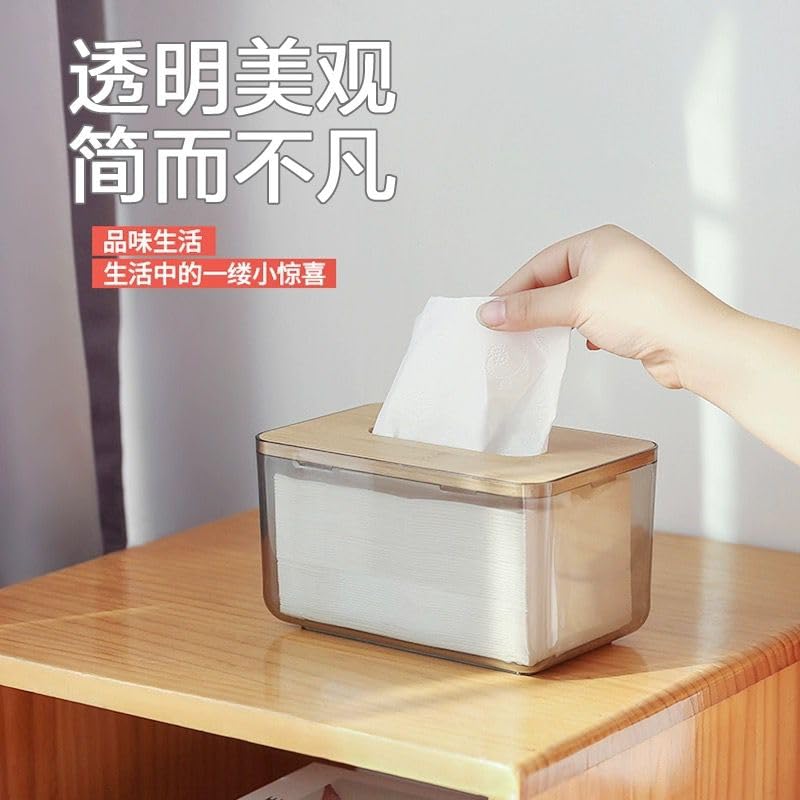 Acrylic Rectangle Tissue Organizer Box With Bamboo Wooden Removable Lid Add More Elegane For Home And Office - Transparent