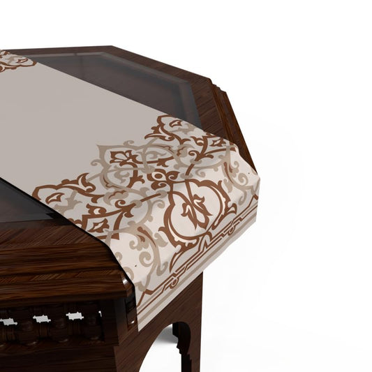 Ramadan's Unique Atlas Velvet Runner in White & Beige, 35x140 cm, a Decorative Centerpiece with a Globally-Inspired Islamic Pattern, adding Worldly Elegance to your Ramadan Decor