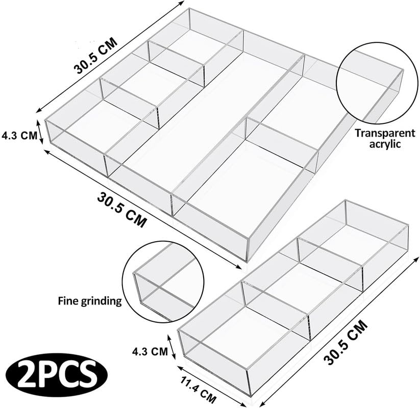 Clear Acrylic Drawer Organizer Set of 2, 6-Section and 3-Section Divided Trays, 30.2 x 30.2 x 4.3 cm and 30.2 x 11.4 x 4.3 cm, Makeup and Desk Storage for Bathroom Kitchen or Office Use