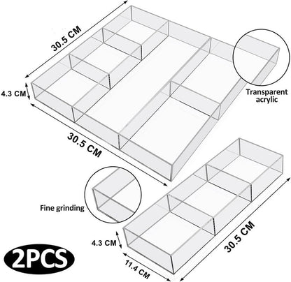 Clear Acrylic Drawer Organizer Set of 2, 6-Section and 3-Section Divided Trays, 30.2 x 30.2 x 4.3 cm and 30.2 x 11.4 x 4.3 cm, Makeup and Desk Storage for Bathroom Kitchen or Office Use