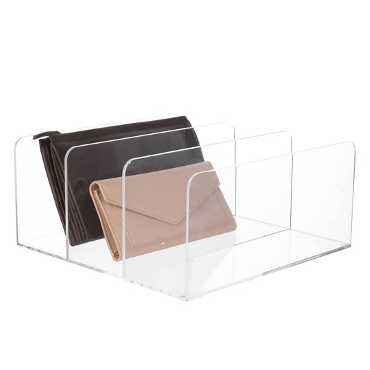 Clear Acrylic Divided Purse and Wallet Organizer, 3 Sections, Handbag Storage, Clutch Holder for Closet Organization or Retail Display, Durable & Elegant Design