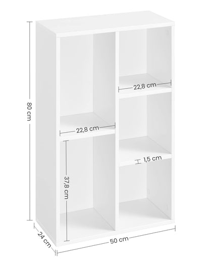 Furniflex Wooden Kids Bookcase with 5 Compartments, Floor Standing Storage Unit for Files, Decor, In Study or Children’s Room, Modern Design Furniture, 50 x 24 x 80 cm, White