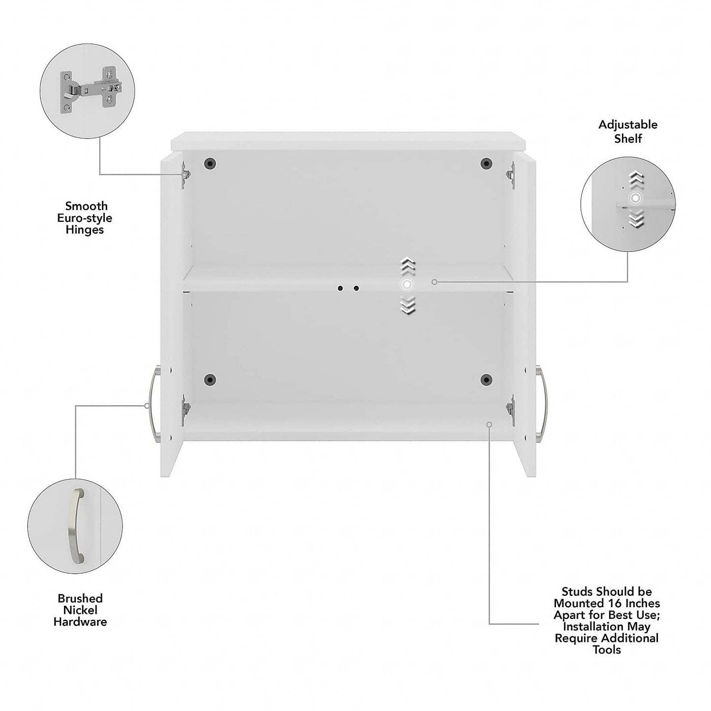 Business Furniture Universal Wall Cabinet in White, 24-inch Wall-Mounted Storage with 2 Doors and 2 Shelves, Commercial-Grade Office or Garage Storage, UNS428WH