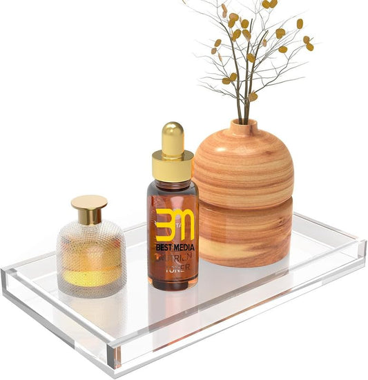 Acrylic Vanity Tray, Thick 8mm Clear Organizer Tray, 26.7 x 15.2 cm, for Bathroom Countertops, Dressers, Perfume, Jewelry, Soap, Small Decorative Tray for Home, Clear
