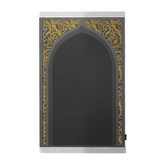 Velvet Prayer Mat in Grey and Gold, 68x117 cm, a luxurious and soft rug with an elegant design, perfect for creating a comfortable and sophisticated prayer space at home or on the go