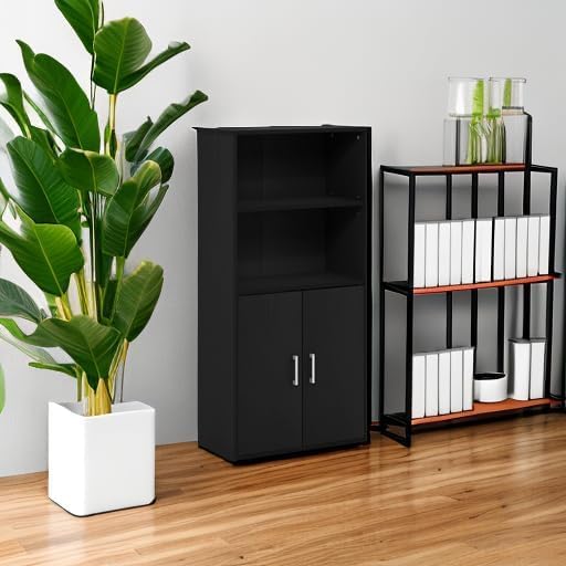 Storage Bookcase with 2 Doors in Black, Manufactured Wood Cabinet with 2 Open Shelves, Freestanding Organizer for Living Room or Office, Combination Display and Concealed Unit