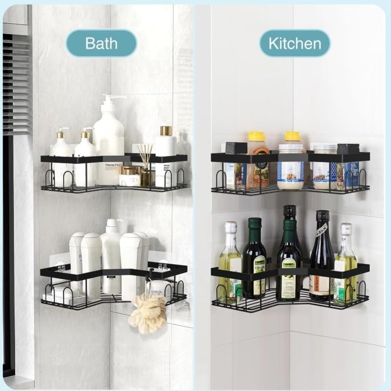 Corner Shower Caddy Shelves, 5-Pack with 16 Hooks, Rustproof Stainless Steel Organizer with Upgraded Stronger Adhesive, No-Drilling Wall Mount Shelf for Inside Shower and Bathroom - Black