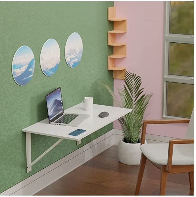 Folding WalLMounted Study Table in White, L40.6 x W61.0 cm Floating Desk, Space-Saving Fold-Down Laptop Table for Home Office, Portable WalLTable, Laminated Finish