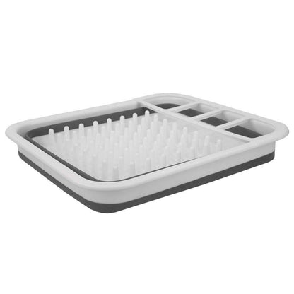 Collapsible Dish Rack Drainer with Cutlery Holder BPA Free Dishwasher Safe Easy Storage Space Saving for Home Kitchen Grey
