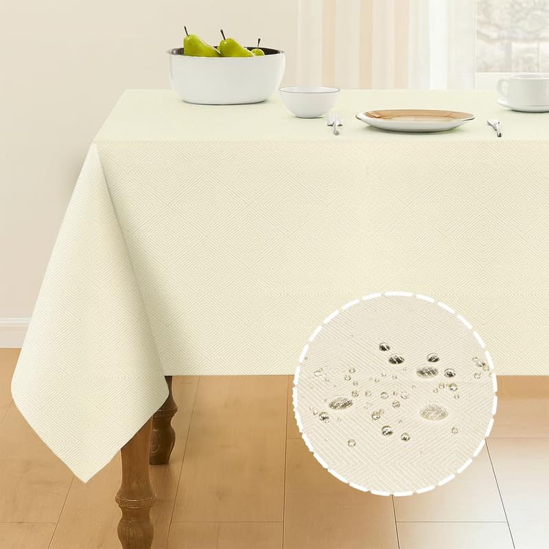 INtex Home Waterproof Tablecloth, Daniella Geometric Pattern Rectangle Table Cover, Stain Resistant Wipeable Fabric for Kitchen Dining Table, 1 Piece - Geometric Maze - Off-White - 200 x 270 cm