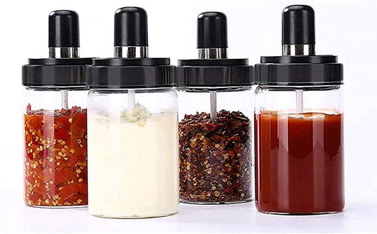 Kri N Sha 250ml Borosilicate Glass Jars with Lids & Spoons | Spice, Pickle, Salt & Chutney Storage Containers | Multipurpose Transparent Kitchen Jars for Home, Restaurants & Hotels