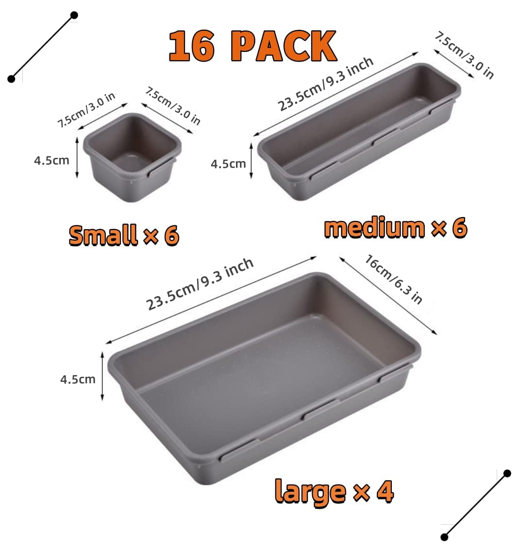 16 Pieces Drawer Organizers Set, Versatile Desk Drawer Organizer Trays Plastic Storage Bins, Separators Drawer Divider for Makeup, Kitchen Gadgets Utensils and Office